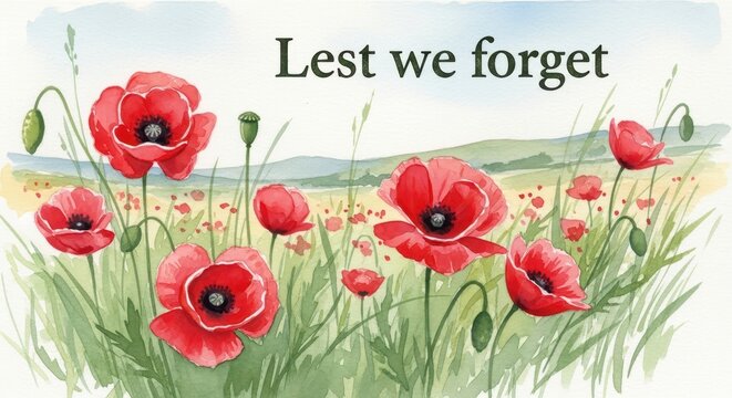 A beautiful watercolor illustration of vibrant red poppy flowers with the words lest we forget.