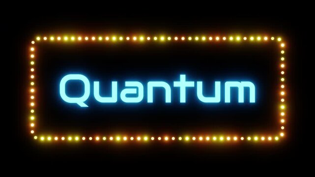 Glowing quantum sign in a flashing frame, 3D render. Quantum computing background, dotted neon frame. Superposed and entangled states, Blockchain Hacking
