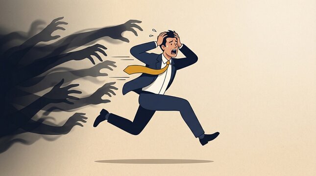 Desperation's Shadow: A man in a suit, overcome with fear and anxiety, desperately flees from looming shadows with outstretched, grasping hands.