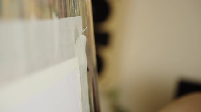 Close-up sequence of an artist's hands carefully applying and peeling masking tape along the edge of a painted surface to create crisp borders and protect canvas during painting