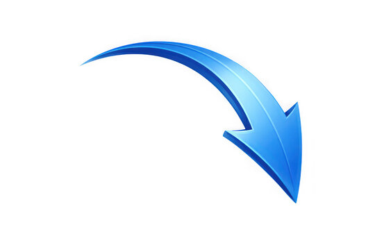 Curved blue arrow pointing down isolated on transparent background