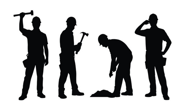 Four black silhouettes of workers performing construction tasks vector illustration EPS PNG file