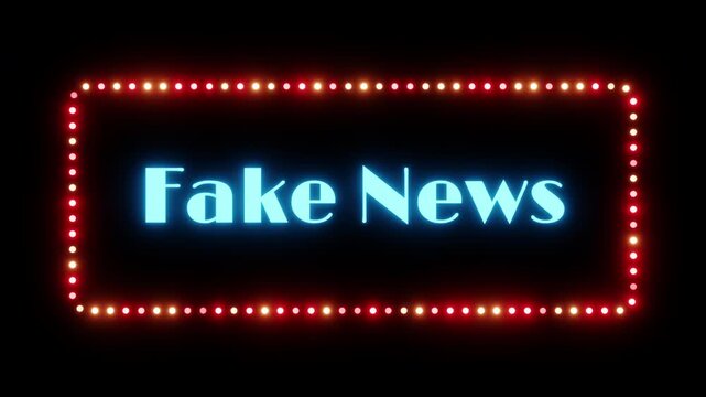 Glowing fake news sign in a flashing frame, 3D render. Fake news background, dotted neon frame. Disinformation, tabloid journalism, lies, unconfirmed information, unverified data, yellow