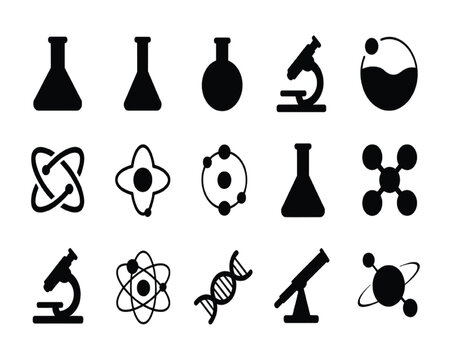 Collection of 15 minimalist black science and chemistry vector illustration EPS PNG file