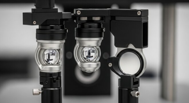 A close-up view of a high-precision optical laboratory instrument featuring multiple glass lenses and polished metal mounts secured on black vertical support rods in a controlled research setting.