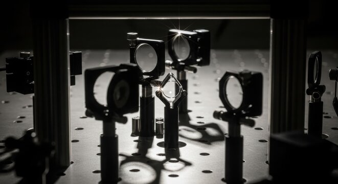 A sophisticated laboratory optical breadboard setup featuring multiple precision lens mounts and mirrors arranged to manipulate a bright, focused laser beam within a controlled scientific environment.