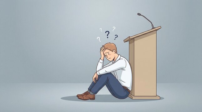 Stage Fright Dilemma: A figure, consumed by anxiety, sits beside an empty podium, the image depicting a powerful story of stage fright and the struggle with anxiety.
