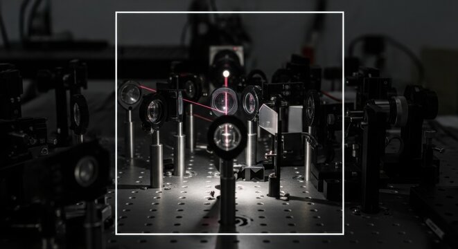 A highly precise optical experiment setup features vibrant red laser beams reflecting through complex glass lenses and metallic mirrors arranged on a dark metal breadboard inside a quiet laboratory.