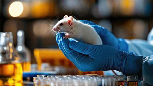 Scientist holding white lab mouse in gloved hands with test tubes in background