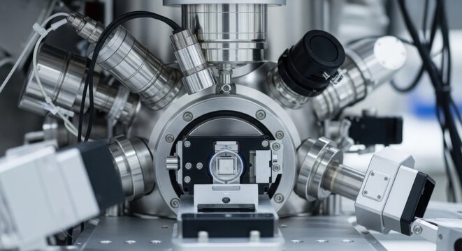 A detailed close-up view of a high-tech scanning electron microscope chamber featuring complex metallic components, precision optical sensors, and vacuum hardware used for advanced scientific.