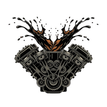 v engine block with dynamic oil splash illustrating powerful automotive and mechanical engineering design concept for industrial use