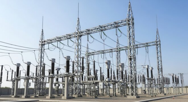 An expansive outdoor electrical substation featuring a complex network of high voltage power lines, steel transmission towers, and ceramic insulators set against a clear and bright blue morning sky.