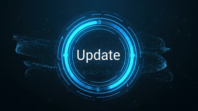 Abstract digital circle animation with update text on dark background