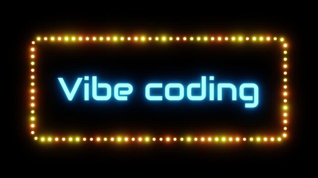 Glowing vibe coding sign in flashing frame, 3D render. Coding background, dotted neon frame. Programming using large language model and artificial intelligence to generate program code in words