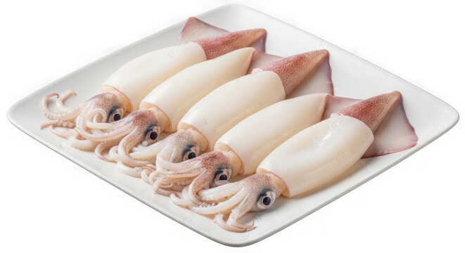 Raw fresh squid on a white plate, isolated on transparent background