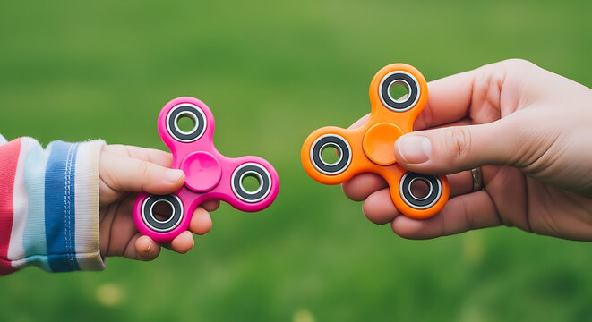 Hand Fidget Spinner Play: A close-up shot captures hands holding colorful fidget spinners against a vibrant green background.