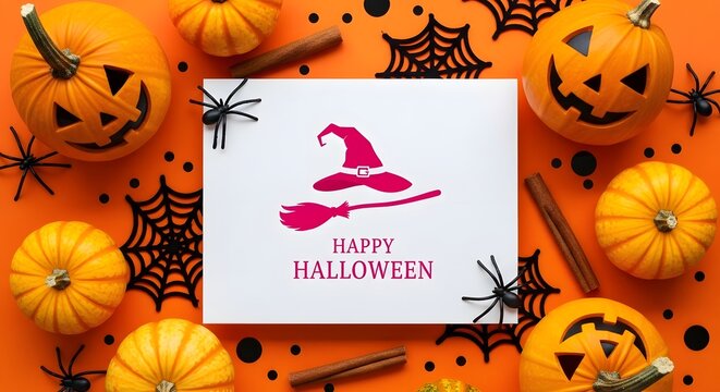 A festive halloween flat lay with pumpkins spiders and a witch s