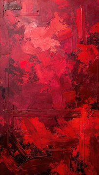 an abstract painting with bold red and black brushstrokes blending and clashing across the canvas