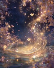 Fototapeta premium cherry blossom petals swirl in a cosmic night