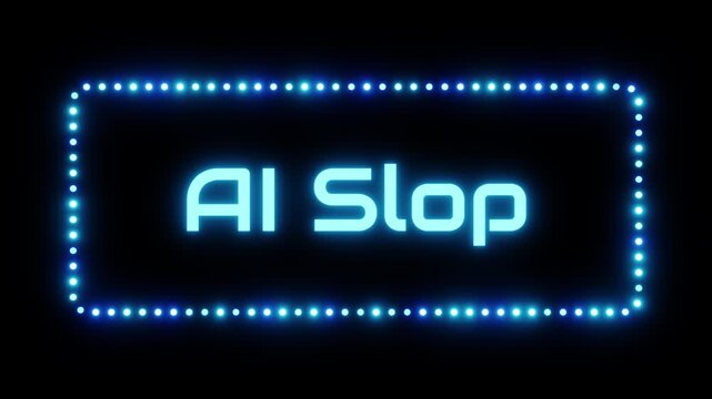 Glowing ai slop sign in flashing frame, 3D render. Ai slop background, dotted neon frame. Low quality digital content generated by artificial intelligence and flooded onto the internet