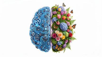 Contrasting Brain Hemispheres: Circuit Board and Vibrant Floral Ecosystem with Butterflies