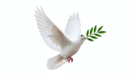 Fototapeta premium White Dove Flying with Green Olive Branch in Beak on White Background
