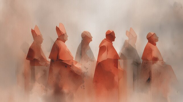 cardinals walking in a hazy scene