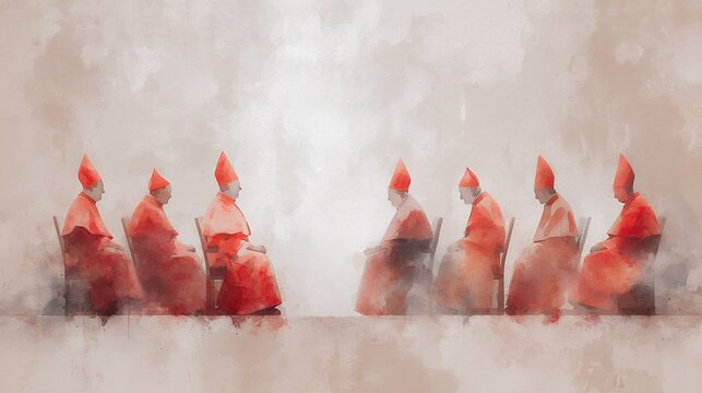 several cardinals sit in a meeting wearing red robes