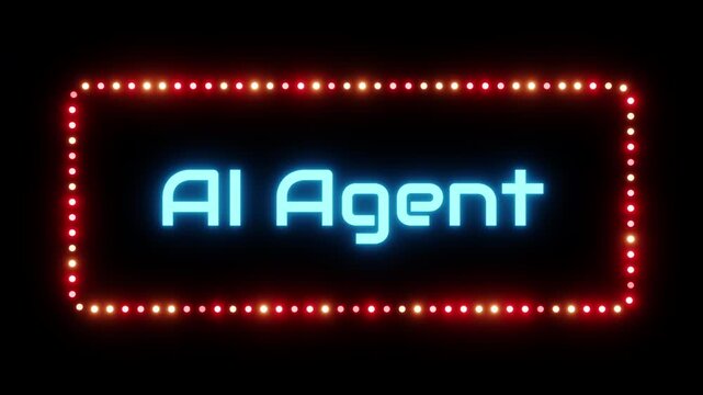 Glowing ai agent sign in flashing frame, 3D render. Ai agent background, dotted neon frame. Autonomous software system that leverages Large Language Models LLM to perceive its environment