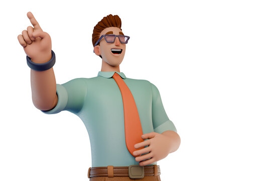 Confident Businessman Presenting and Pointing Upward. 3D Character Leader Smiling in Office