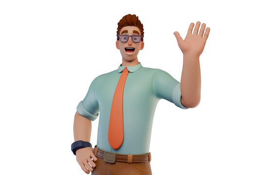 Friendly 3D Businessman Waving Hello With Hand On Belt