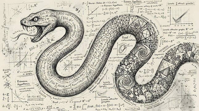 Intricate snake illustration with mathematical formulas and diagrams