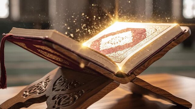 Open book with glowing pages on wooden stand