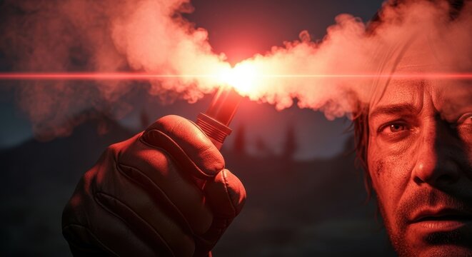 A man holding a smoking incendiary device with a fierce expression in a dark and ominous environment.