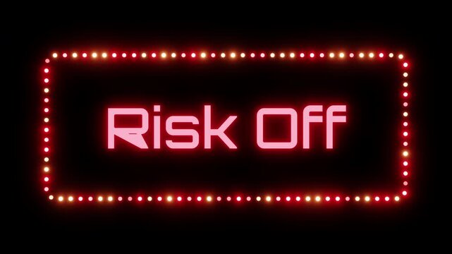 Glowing risk off sign in flashing frame, 3D render. Risk off background, dotted neon frame. The market phase when investments in risky assets become less active
