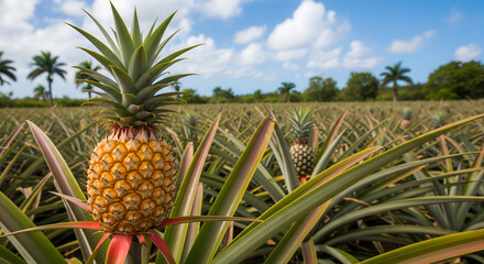 Fototapeta premium Tropical pineapple plantation under a blue sky with palm trees