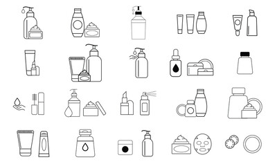 Fototapeta premium set of 30 Skincare icons. Minimalist skincare icon set featuring sleek cosmetic bottles and tubes in a clean line art style. 