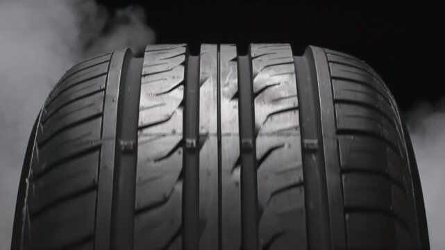 Rotating Tire on a Background of Smoke. The spinning wheel rubs against the asphalt and creates a cloud of white smoke on a black background