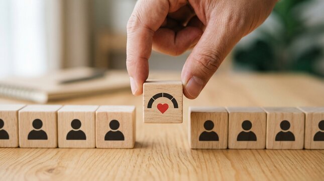 Customer service level selection: A hand delicately selects a block with a heart icon representing high level customer service.