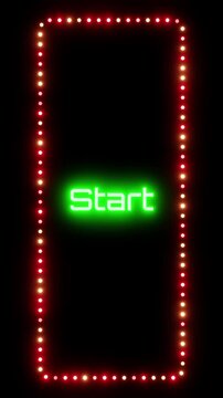 Glowing start sign in flashing vertical frame, 3D render. Button start background, dotted neon frame. Start button indicates launch or beginning of something, used for video, web app, or game design