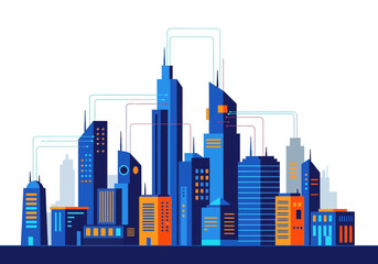 Modern city skyline illustration with connected smart buildings and urban network infrastructure © Nurul