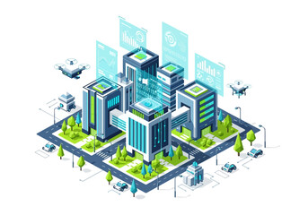 Futuristic smart city isometric illustration with interconnected buildings, drones, and autonomous vehicles showcasing advanced technology and urban development © Nurul