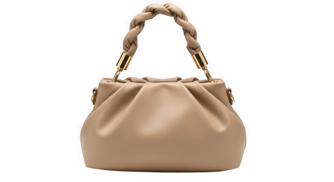 Beige ruched handbag with braided handle isolated on transparent background