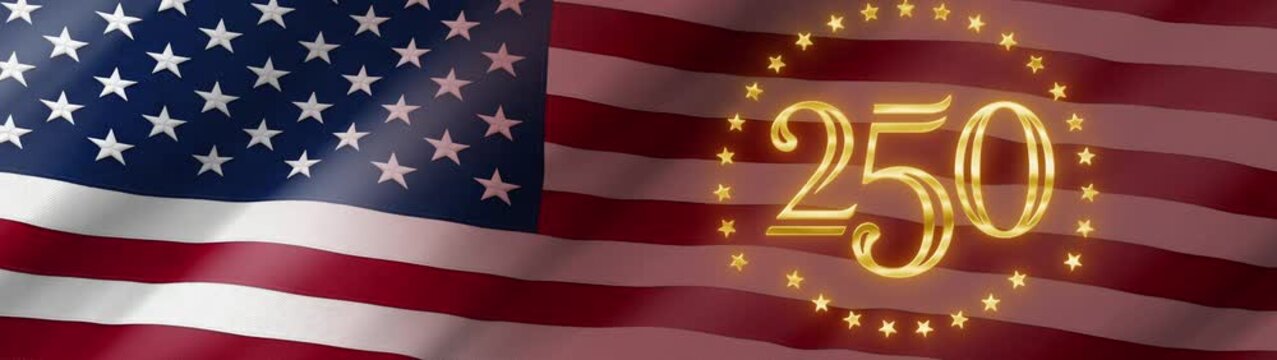 Ultrawide Patriotic celebration background with glowing golden 250 symbol and stars on the American flag, representing the United States semiquincentennial