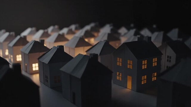 A miniature town made of paper houses with warm lights glowing from their windows in a dark setting, creating a cozy atmosphere.