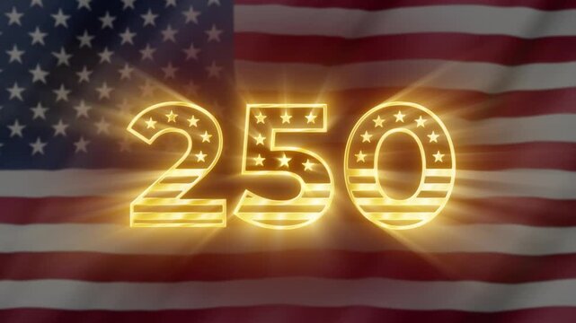 Glowing golden 250th anniversary emblem with stars against a waving United States flag, celebrating the historic semiquincentennial milestone of American independence and national pride