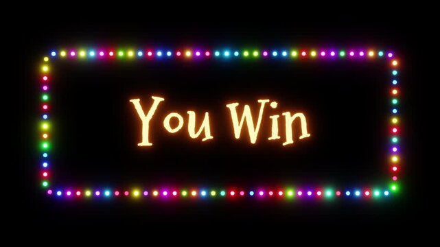 Glowing you win sign in flashing frame, 3D render. You win background, dotted neon frame. Victory in a game or sport, achieving success, determination and luck, awards ceremony