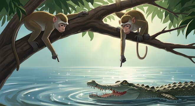 Two playful monkeys on a jungle tree branch curiously point towards a powerful crocodile lurking in the sparkling river water, creating a captivating wildlife encounter