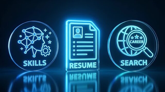 Futuristic blue neon glow radiating from dark glass panel displaying digital technology icon for resume skill search modern career opportunity optimistic hiring recruitment job hunting application