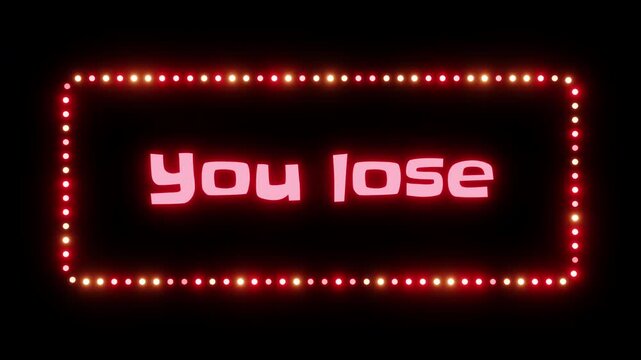 Glowing you lose sign in flashing frame, 3D render. You lose background, dotted neon frame. Losing in a game or sport, failure, loss, defeat in a competition, loser